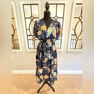 Floral V-Neck Wrap Midi Dress in Navy